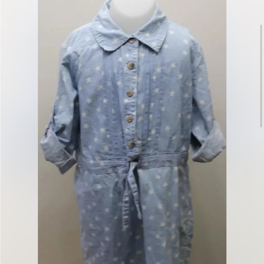 2/$20 Nevada Blue Chambray Denim Kid Dress Sz 12 Polka Stars Flag 100% Cotton
